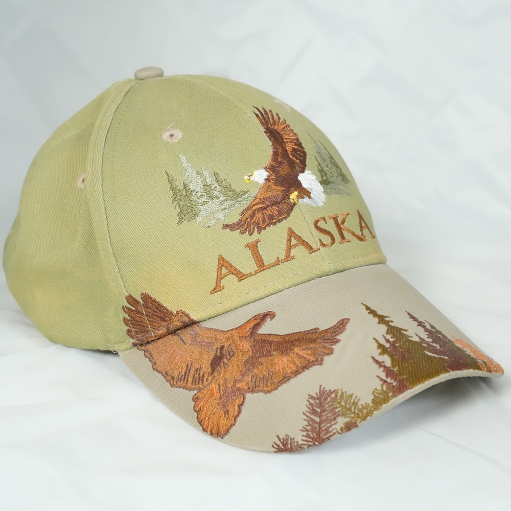 Alaska Bald Eagle Forest Scene Hat Crown and Brim Green NWOT‎